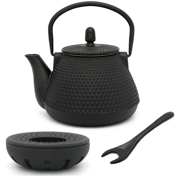 kleine schwarze asiatische gusseiserne Teekanne 1.0 L Set Teewärmer Deckelheber