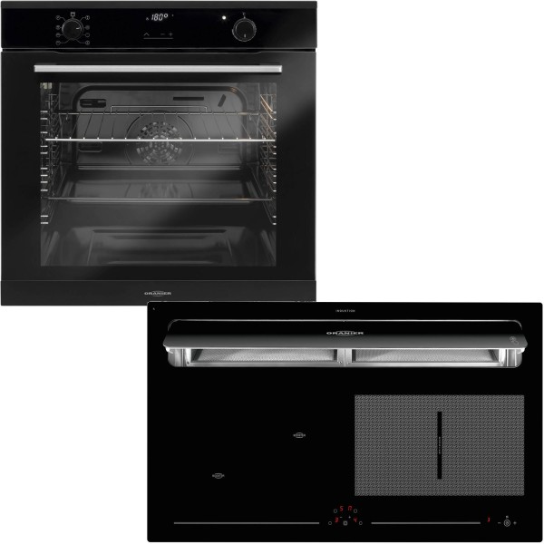 Oranier schwarzes Einbaubackofen Pyrolyse Set & Flexx Induktionskochfeld KXI 1092 Abluft