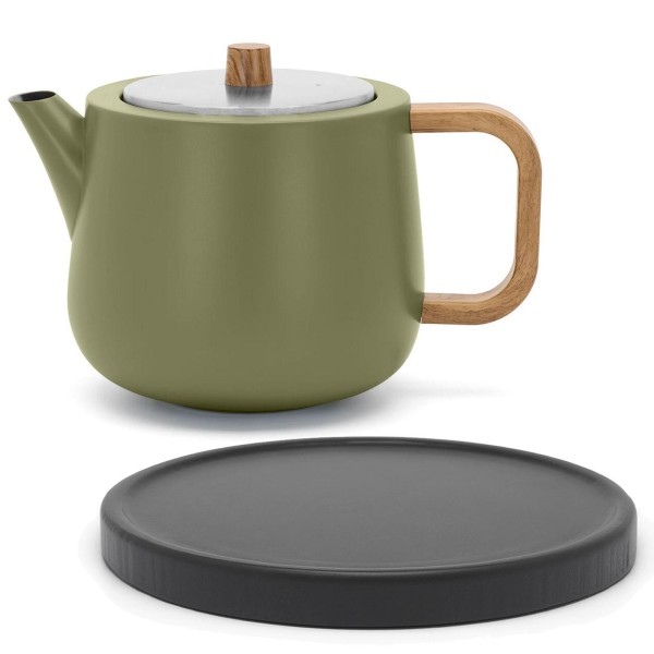 Bredemeijer Edelstahl Teekanne 1,1 Liter khaki-grün doppelwandig mit Filter-Sieb & Untersetzer schwarz