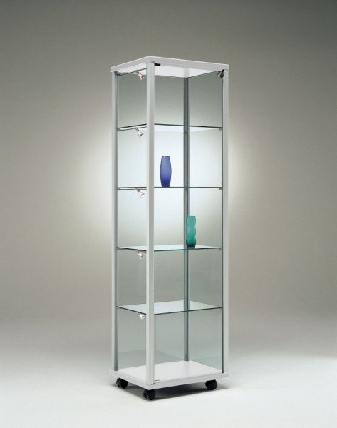 schmale stabile Ausstellungs-Vitrine Glas Alu abschließbar 50 cm mit Glasrückwand / auf Rollen