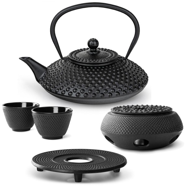 Bredemeijer Teekannen Set schwarze 1.25 Liter Gusseisen Kanne Induktion mit Untersetzer Stövchen & Teebecher 2