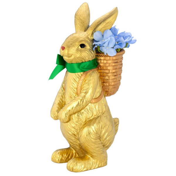 Hasen Dekofigur 40 cm Kunststein in Gold Osterhase mit Blumen-Rückenkorb & grüner Schleife - Art.-Nr. 6563