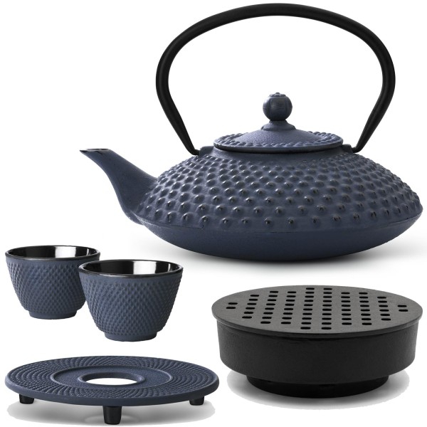 Bredemeijer blaues Asia Gusseisen Teekannen Set 1.25 Liter - Teebereiter mit Stövchen & Untersetzer & Teebecher