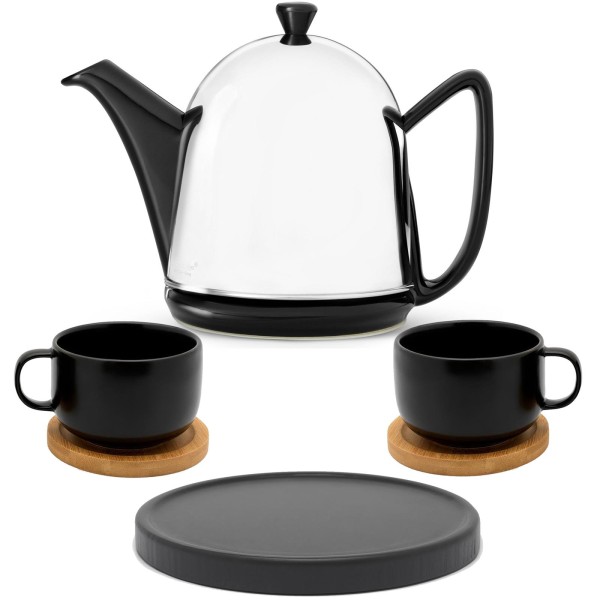 Bredemeijer schwarze Teekanne glänzend Keramik Set mit Teetassen inkl. Untersetzer & Kannenuntersatz schwarz 2