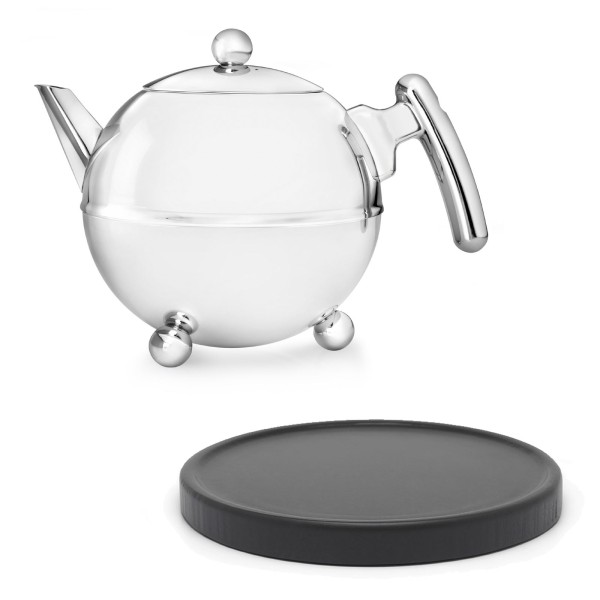 kleine glänzende doppelwandige Edelstahl Teekanne 0.75 L & schwarzer Holzuntersetzer