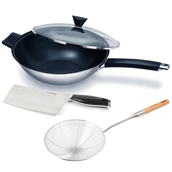 Ken Hom 4-tlg. Edelstahl Wok Set 32 cm Induktion Antihaft - Glasdeckel & Schaumlöffel & Hackmesser