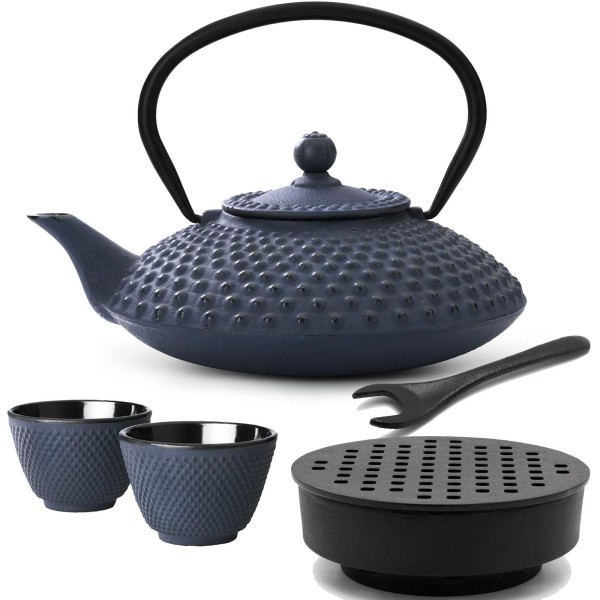 Bredemeijer blaues Asia Gusseisen Teekannen Set 1.25 Liter - Teebereiter mit Deckelheber & Stövchen & Teebecher