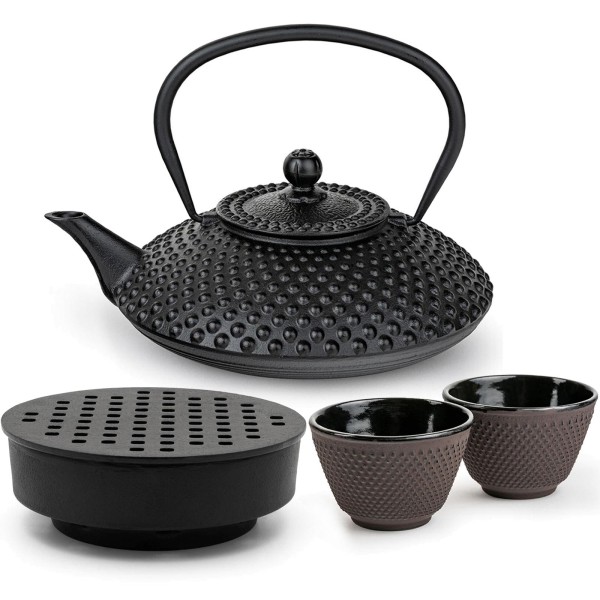 Bredemeijer Asia Teekanne 1.25 Liter schwarz Gusseisen Set mit lilafarbenen Bechern & Teewärmer 2