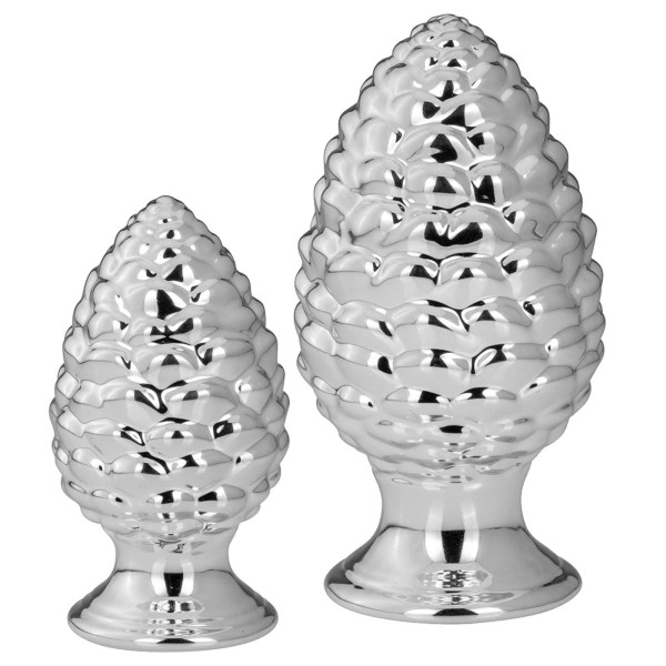 Deko Tannenzapfen Set auf Fuß ca. 19 & 14 cm hoch Porzellan Pinienzapfen silber glänzend