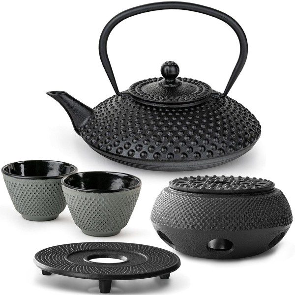 Bredemeijer Guss Teekannen Set 1.25 Liter schwarz mit grünen Bechern, Untersetzer & Stövchen 2
