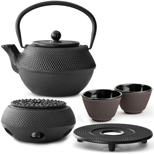 Bredemeijer Guss Teekannen Set 1.1 Liter schwarz mit lila Bechern, Untersetzer & Stövchen 2