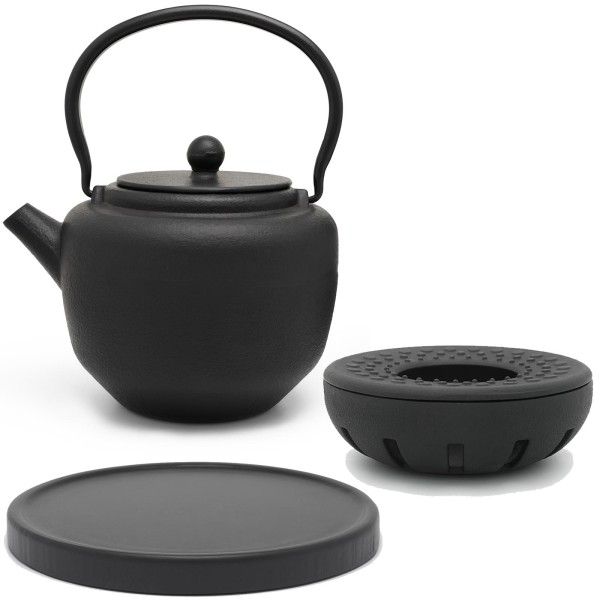schwarzes asiatisches Guss Teekannen Set 1.3 Liter mit schwarzem Holzuntersetzer und Teewärmer
