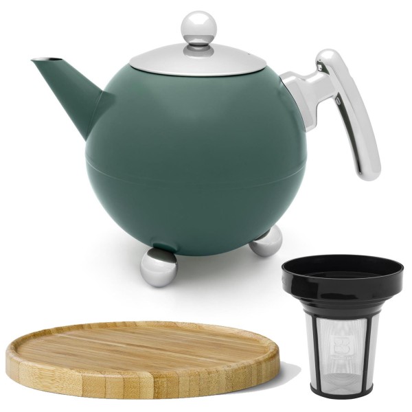 Bredemeijer grüne doppelwandige Edelstahl Teekanne 1.2 L Teefilter & brauner Holzuntersetzer