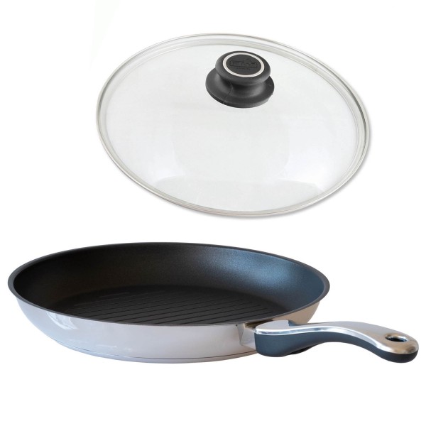 BAF große runde Grillpfanne Ø 28 cm Set Induktion beschichtet aus Edelstahl & Glasdeckel