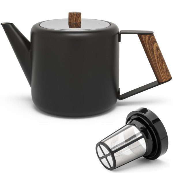 Bredemeijer schwarze doppelwandige Edelstahl Teekanne 1.1 L Griff in Holzoptik & Filter-Sieb