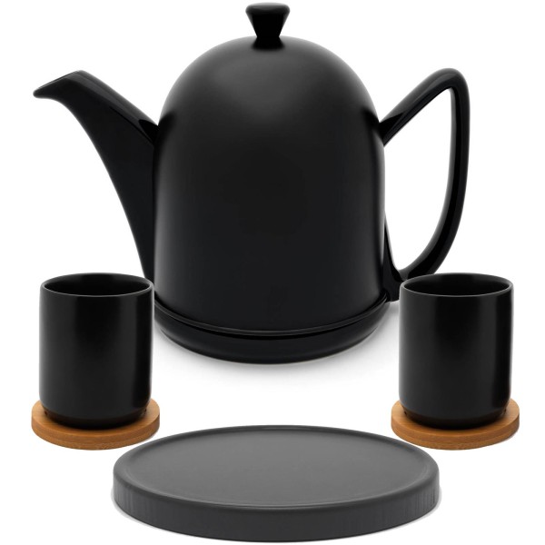 Bredemeijer schwarze Teekanne matt Keramik Set mit Teebecher inkl. Untersetzer & Kannenuntersatz schwarz 2