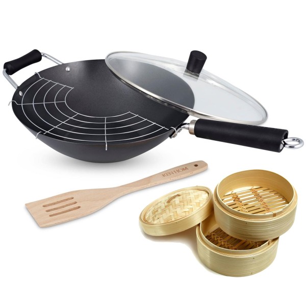 Ken Hom 5-tlg. Wok Set 31 cm Induktion Karbonstahl Antihaftbeschichtung & Dampfkorb Ø 20 cm