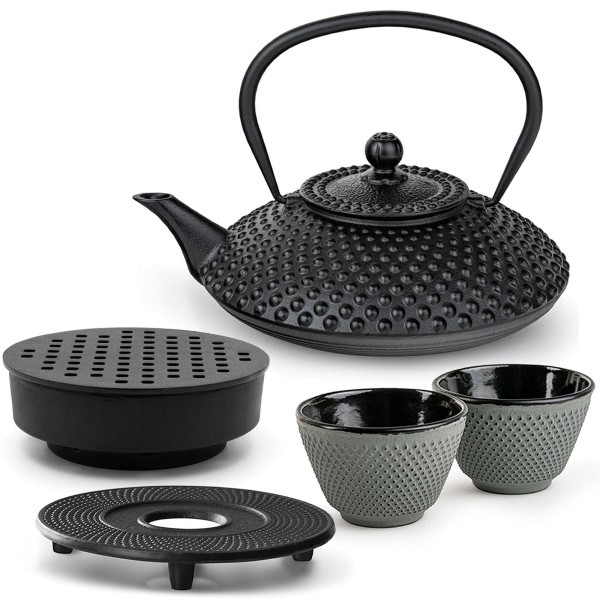 Bredemeijer Gusseisen Teekannen Set 1.25 Liter schwarz mit grünen Bechern, Untersetzer & Teewärmer 2