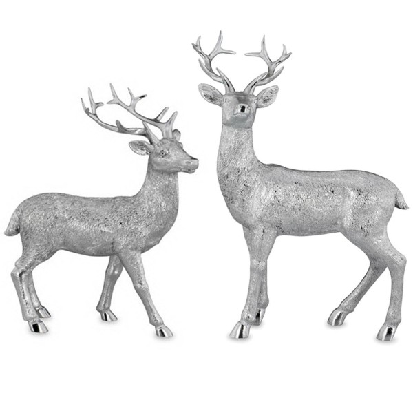 2-teiliges Deko Hirsch Figuren Set aus Kunststein Hirschpaar in silberner Felloptik
