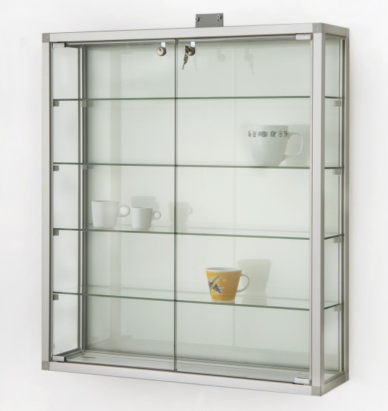 abschließbare Glas-Hängevitrine Aluminium ca. 80 cm mit Glasrückwand / mit quadratischen Profilen