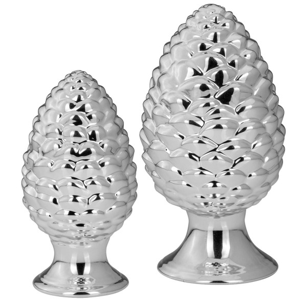 Deko Tannenzapfen Set auf Fuß ca. 22 & 19 cm hoch Porzellan Pinienzapfen silber glänzend