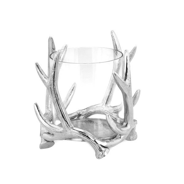 kleines Glas Windlicht Aluminium poliert Ø 15 cm Motiv Hirschgeweih - Art.-Nr. 6379alu