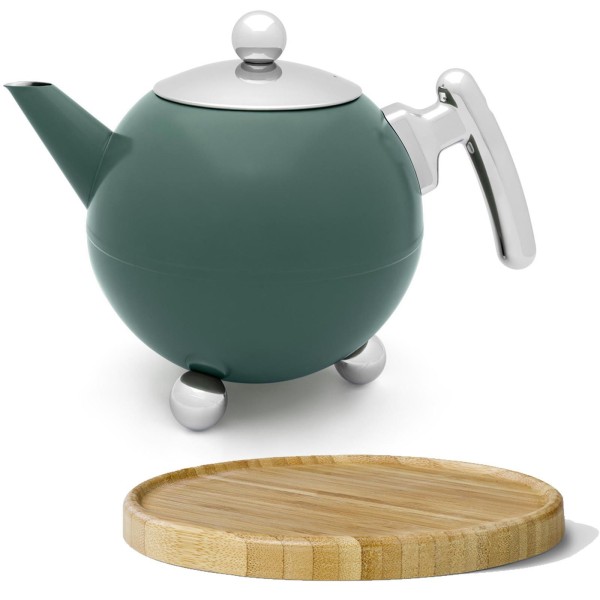 Bredemeijer grüne doppelwandige Edelstahl Teekanne 1.2 L & brauner Holzuntersetzer