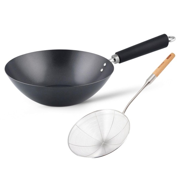 Ken Hom Wok Set 27 cm Induktion Antihaft aus Karbonstahl mit Phenolharz-Griff & Schaumlöffel