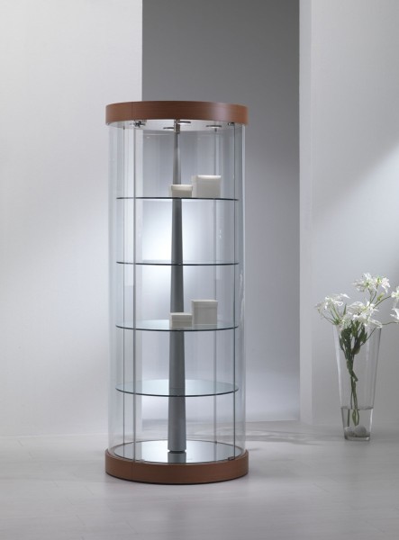 hohe runde moderne Design Glasvitrine mit Schloss Ø 57 cm rollbar - Art.-Nr. PV71-190-mb-4LED-kirsche