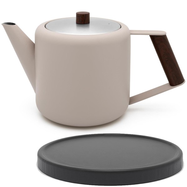 Bredemeijer doppelwandige Edelstahl Teekanne 1.1 Liter beige mit Holzuntersetzer schwarz