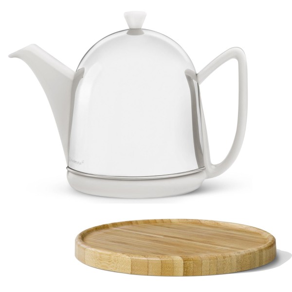Bredemeijer weiße Keramik Teekanne mit Sieb 1 Liter glänzend & Holzuntersetzer braun