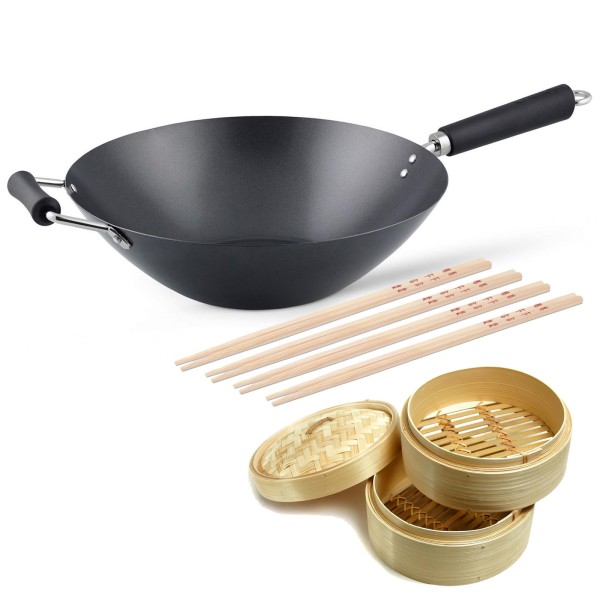 Ken Hom großer induktiver Antihaft Karbonstahl Wok 35 cm mit Gegengriff - Set inkl. Zubehör
