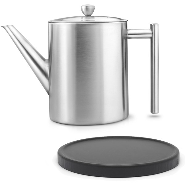 hohe matte doppelwandige Edelstahl Teekanne 1.2 L & schwarzer Holzuntersetzer