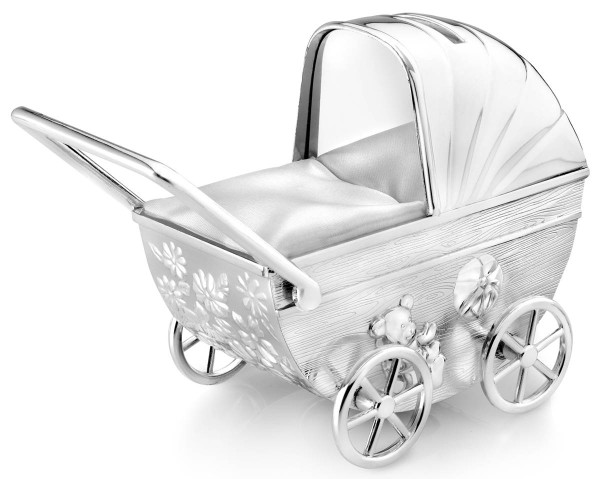 Zilverstad Spardose Kinderwagen & Gravurplatte versilbert anlaufgeschützt L 11 cm B 10 cm H 5,5 cm - Art.-Nr. A6010260