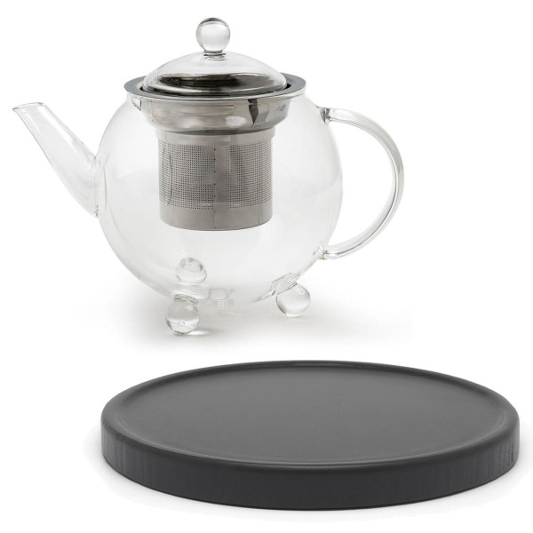 Bredemeijer Mini Glas-Teekanne 0,5 Liter einwandig mit Edelstahl-Teefilter & schwarzem Untersetzer