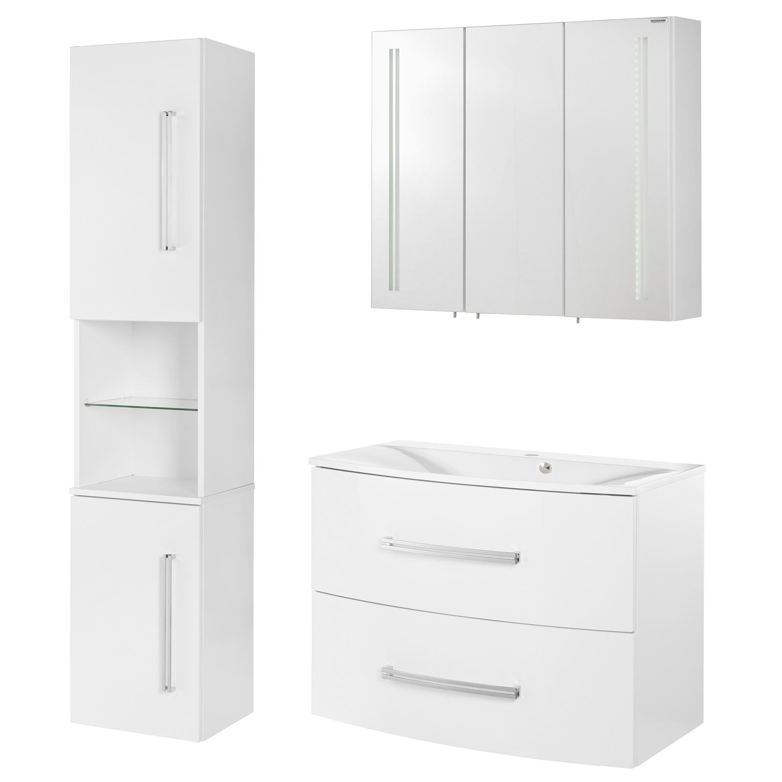 Fackelmann Badmöbel Set 4-tlg. Lugano weiß inkl. Hochschrank & Gussbecken &  LED Spiegelschrank | MM-ComSale