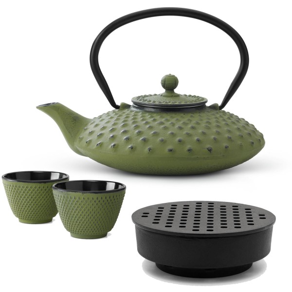 Bredemeijer grünes Gusseisen Teekannen Set 0.8 Liter - asiatischer Teebereiter mit Stövchen & Teebecher