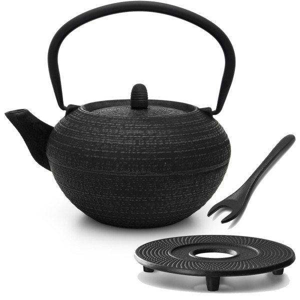 schwarze runde gusseiserne Asia Teekanne 1.2 Liter inkl. Filtersieb & Untersetzer & Deckelheber