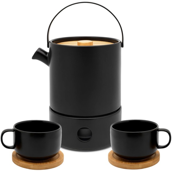 Bredemeijer schwarzes Keramik Teekannen Set 1.2 L mit Teewärmer & 2 Teetassen