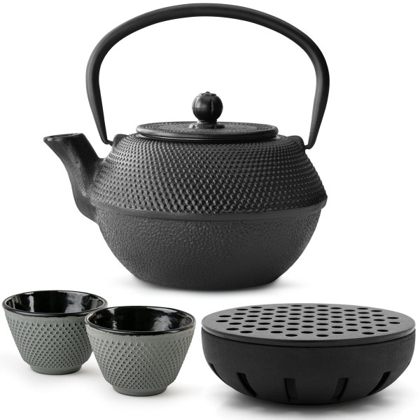 Bredemeijer Teekannen Set Gusseisen 1.1 Liter schwarz mit Teewärmer & grünen Bechern 2