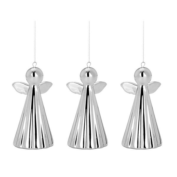 Deko Anhänger Set Engel 3 Stück silberne Baumanhänger aus Keramik Weihnachtsengel