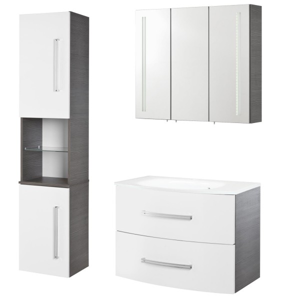 Fackelmann Badmöbel Set 4-tlg. Lugano weiß-grau Hochschrank & Glasbecken & LED Spiegelschrank