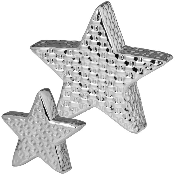 Deko Sternen Set ca. 16 & 9 cm silberne Porzellan Dekofiguren in Sternform zum Stellen