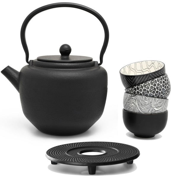 schwarzes asiatisches Guss Teekannen Set 1.3 Liter mit 4 Porzellan-Teebecher und Untersetzer