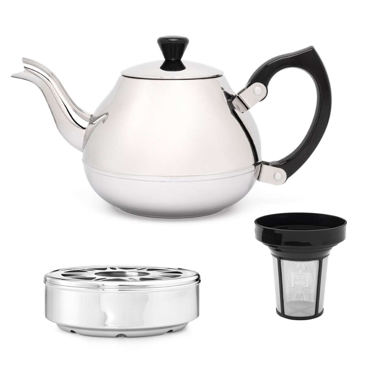 kleine silberne einwandige Edelstahl Teekanne 0.75 L Stövchen Filter