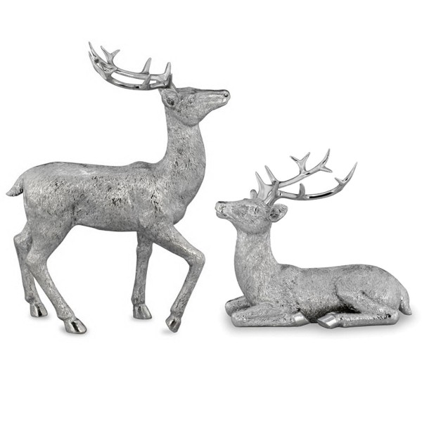 Deko Hirsch Paar in silberner Felloptik stehend & liegend Figuren Set aus Kunststein