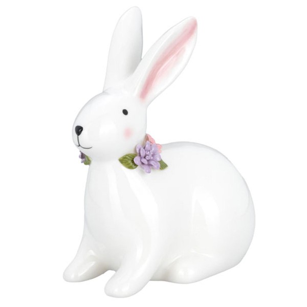Weißer sitzender Keramik Deko Osterhase mit Blumen 17.6 cm zum Stellen