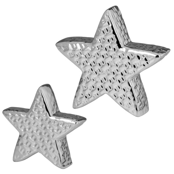 Deko Sternen Set ca. 12 & 9 cm silberne Porzellan Dekofiguren in Sternform zum Stellen