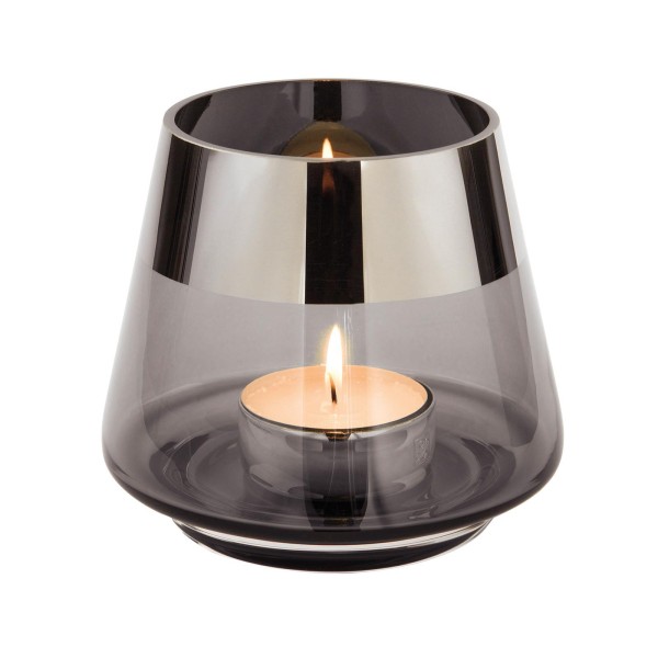 Fink graues Teelichthalter Ø 15 cm aus Glas großes Windlicht mit silbernem Rand - Art.-Nr. 116070