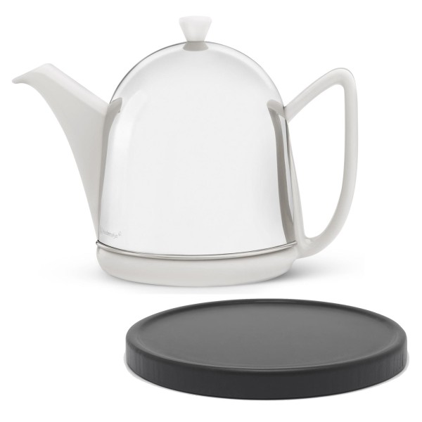 Bredemeijer weiße Keramik Teekanne mit Sieb 1 Liter glänzend & Holzuntersetzer schwarz